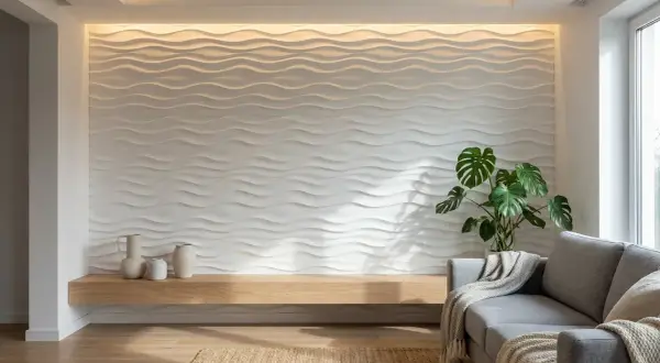 Modern living room with wavy white wall panels, a wooden shelf with vases, a monstera plant, and a grey sofa. These **acabados de paredes** create a serene atmosphere.