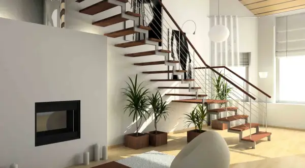 Modern living room with floating stairs, fireplace, and plants. A perfect space for an arquitecto de interiores carrera.