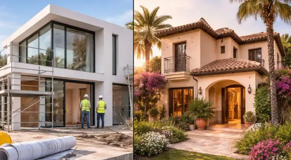 Construir tu propia casa: de los planos a la casa terminada con jardín florecido.