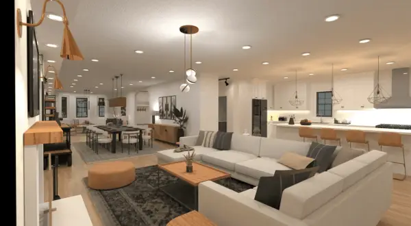 Un salón moderno y espacioso con sofá blanco, mesa de centro de madera y comedor. ¿Cuánto dura la carrera de diseño de interiores?