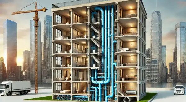 Corte de edificio moderno mostrando el sistema de tuberías para la evacuación de aguas. Grúa y rascacielos al fondo.