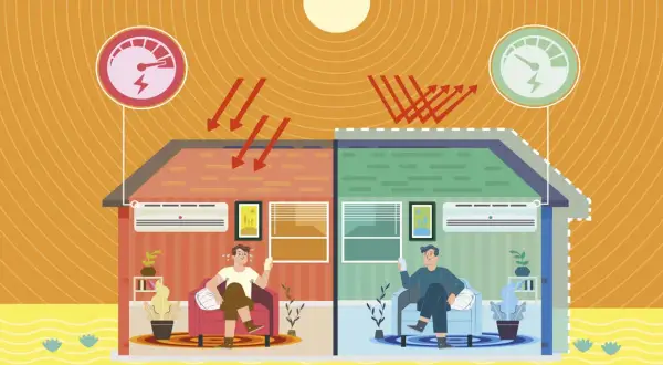 Dos mitades de una casa: una roja, caliente, con un hombre sudando y un medidor de energía alto; otra verde, fresca, con un hombre relajado y un medidor bajo. Ilustra el **térmico general vivienda**.
