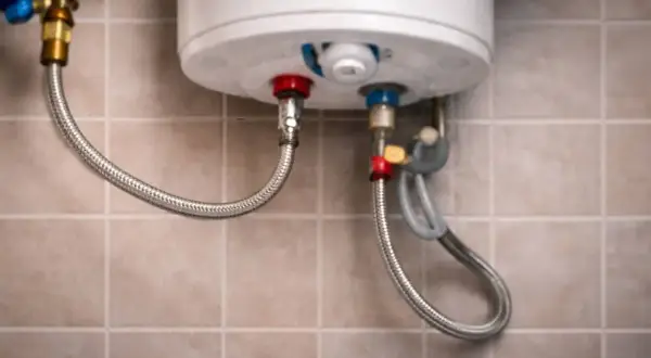 Detalle de la instalación de fontanería de un calentador de agua, con mangueras flexibles conectadas a las tomas de agua.