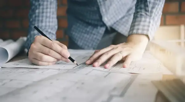 Manos de diseñador de interiores trabajando en planos. ¿Cuánto te pagan por ser diseñadora de interiores?
