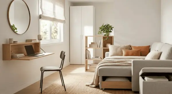 Un espacio acogedor para que crees tu habitación: escritorio plegable, sofá cama, armario y estantería.