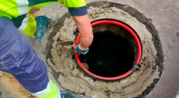 Trabajador instala un anillo rojo en una alcantarilla. Averigua cuanto cuesta conectarse al alcantarillado.