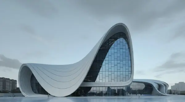 Edificio moderno con formas curvas y fluidas, un ejemplo de ia arquitectura contemporánea.