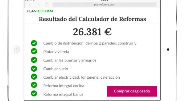 Calculadora de reformas muestra un presupuesto de 26.381€ para obras como cambio de distribución, pintura, y reformas integrales.