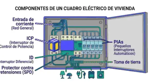 Diagrama de un cuadro eléctrico de vivienda, mostrando el circuito c5 electricidad con entrada de corriente, ICP, ID, protector contra sobretensiones, PIAS y toma de tierra.