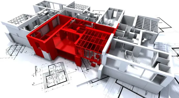 Maqueta 3D de un proyecto de ejecución de obra, con planos arquitectónicos y una sección resaltada en rojo.