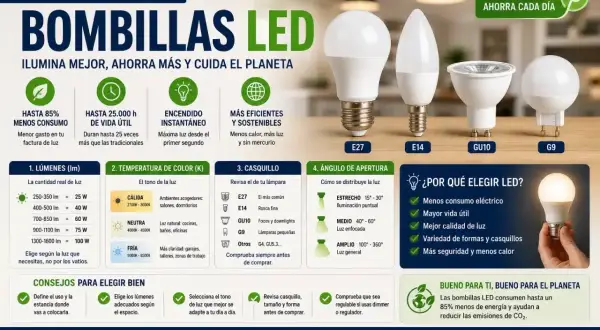 Guía para elegir bombillas LED: tipos, lúmenes, temperatura de color, casquillo y ángulo de apertura. ¡Ahorra energía y cuida el planeta!