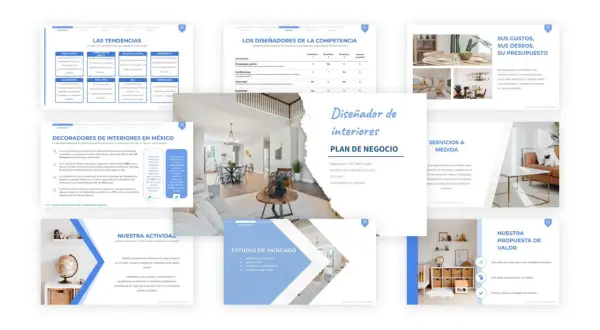 Presentación sobre diseño de interiores, incluyendo tendencias, competencia y cuánto cobra una diseñadora de interiores en España.