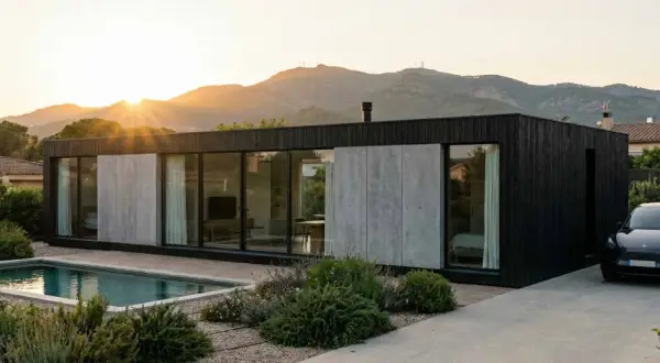 Casa moderna con piscina y coche eléctrico, estructura de **steel frame** visible en su diseño minimalista.