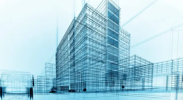 Esquema de edificios modernos en azul. La arquitectura tiene salida laboral, demostrada en este diseño conceptual.