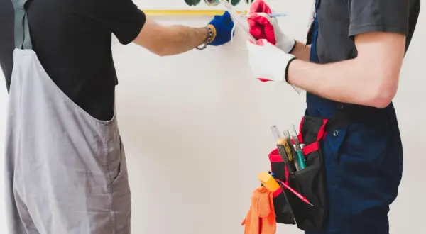 Dos electricistas trabajan en la instalación eléctrica de una vivienda, midiendo y anotando detalles.