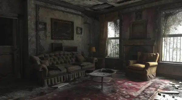 Salón abandonado con sofá y sillón desgastados, paredes desconchadas y techo roto. Un ejemplo de casas enfermas energéticamente.