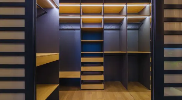 Armarios por dentro: ideas de organización con estantes de madera, cajones y luces LED integradas para un espacio moderno y funcional.