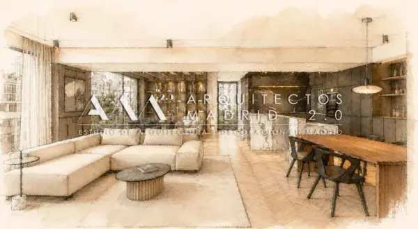 Estudio de arquitectura y diseño de interiores en Madrid. Un salón moderno con sofá beige, mesa de centro y comedor.