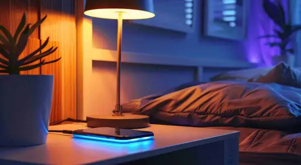 Mesita de noche con lámpara, planta y móvil cargando con luz azul. La instalación eléctrica del dormitorio crea un ambiente acogedor.