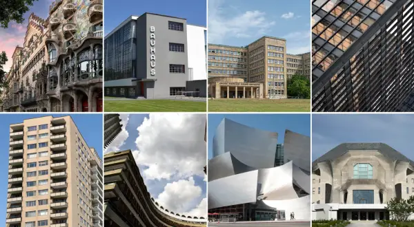 Un collage de edificios icónicos que muestran la diversidad de la arquitectura siglo xx, desde el modernismo hasta el posmodernismo.