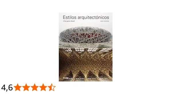 Portada del libro "Estilos arquitectónicos": un estadio moderno y un techo gótico intrincado, mostrando la evolución de los estilos arquitectónicos.