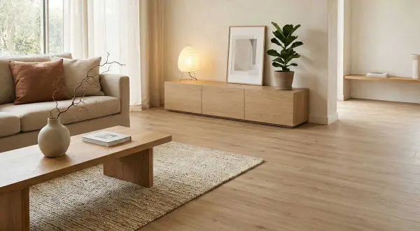 Salón con decoración Japandi: sofá beige, mesa de centro de madera, alfombra de yute, mueble bajo de roble y planta.