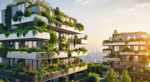 Edificios modernos cubiertos de vegetación exuberante, un ejemplo de arquitectura sostenible.
