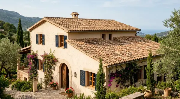 Casa mediterránea con tejado de tejas de barro, rodeada de vegetación y con vistas al mar. Los diferentes tipos de tejas aportan carácter.