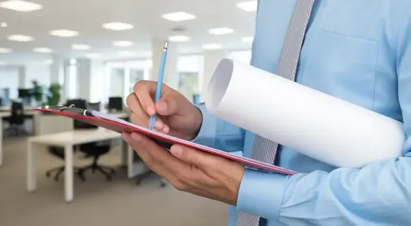 Persona con camisa azul y corbata a rayas, sosteniendo un portapapeles rojo y un rollo de papel. Podría ser un **lpo** o un **cfo** revisando documentos.
