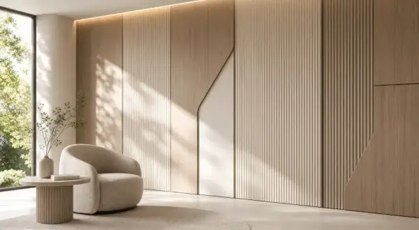 Variedad de tipos de paredes y materiales: madera acanalada, paneles lisos y detalles curvos crean una textura visual acogedora.