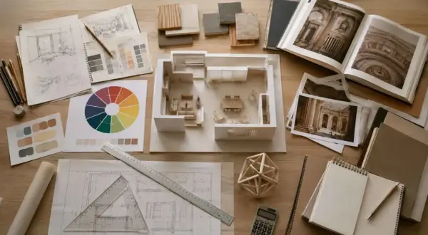 Herramientas para una carrera de diseño interiores: bocetos, maquetas, muestras de materiales, libros de arquitectura y planos.