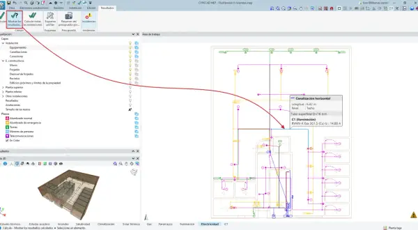 Esquema unifilar de vivienda elevada, mostrando canalizaciones horizontales de iluminación y otros elementos eléctricos.