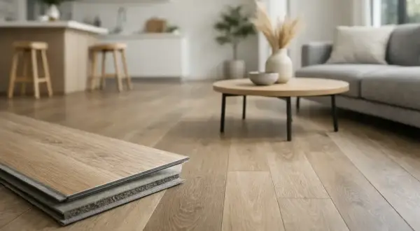 Muestra la diferencia entre suelo laminado y vinílico, con una muestra de material en primer plano y un salón moderno al fondo.