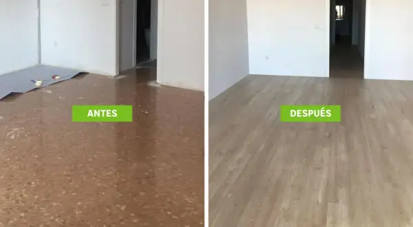 Antes y después de colocar suelo laminado. La imagen muestra la preparación del suelo y el resultado final, con las lamas dispuestas de forma paralela a la luz.