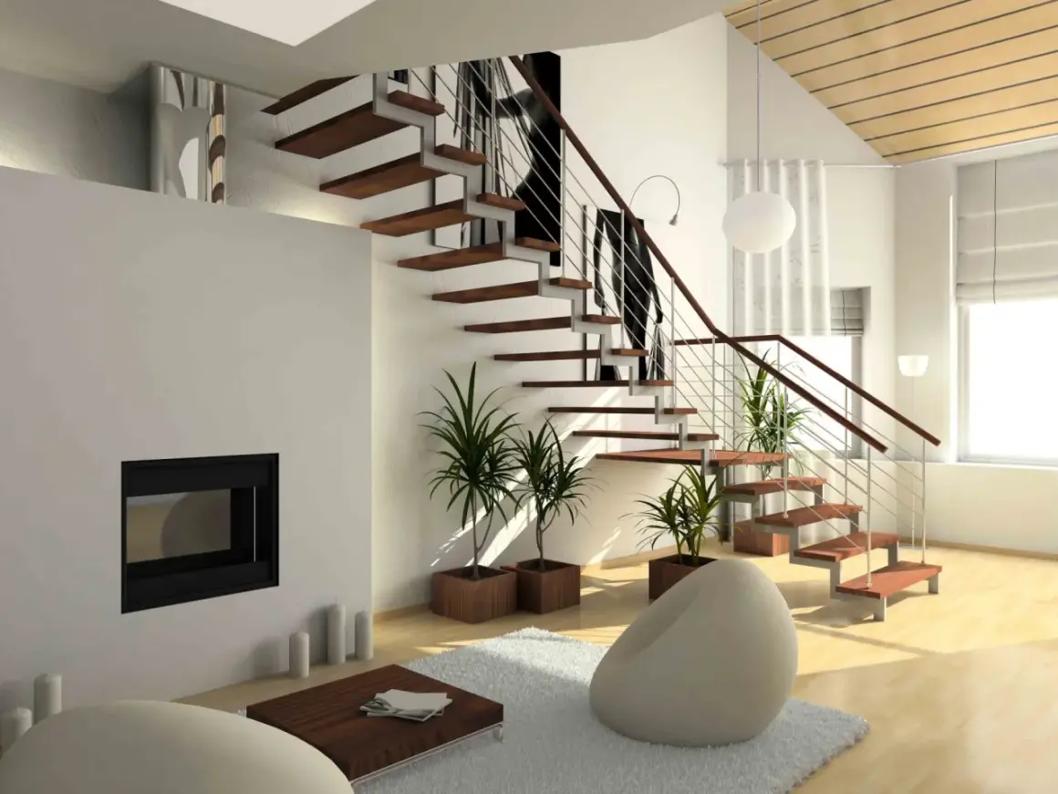 Modern living room with floating stairs, fireplace, and plants. A perfect space for an arquitecto de interiores carrera.