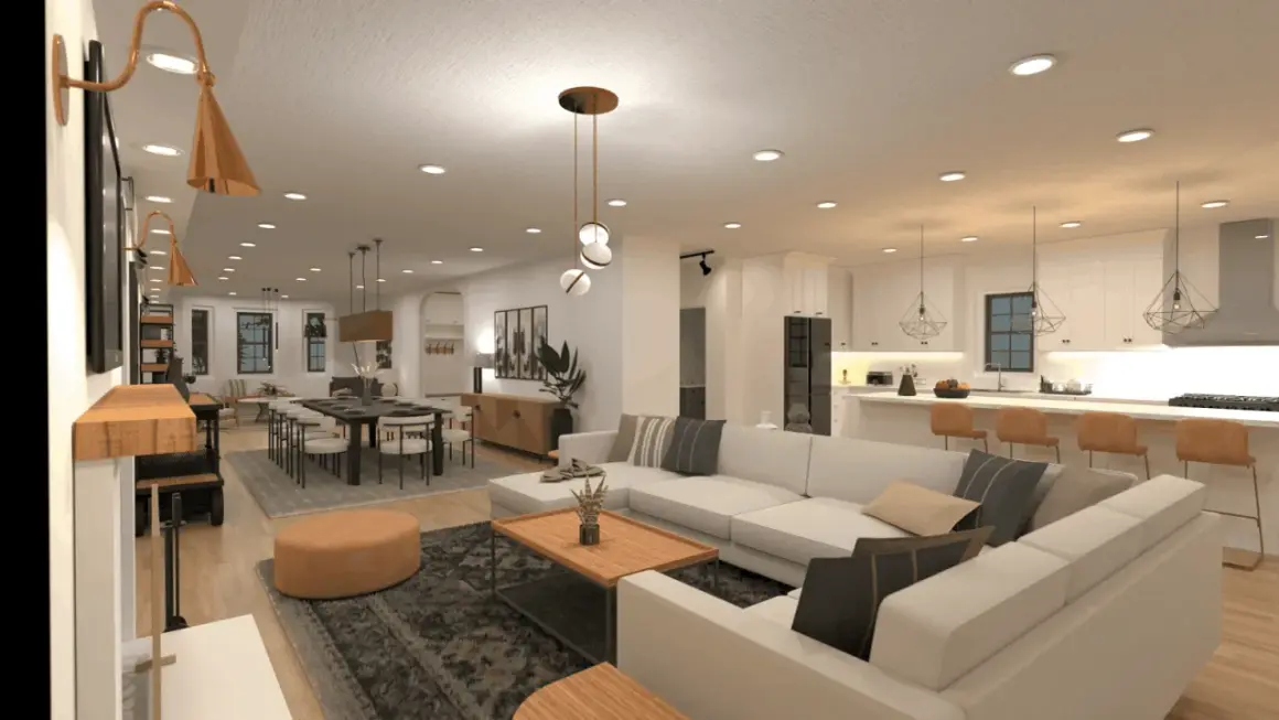 Un salón moderno y espacioso con sofá blanco, mesa de centro de madera y comedor. ¿Cuánto dura la carrera de diseño de interiores?