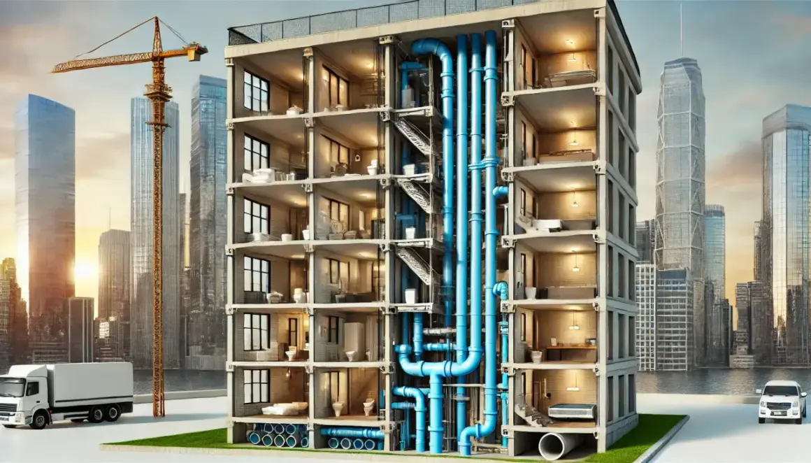 Corte de edificio moderno mostrando el sistema de tuberías para la evacuación de aguas. Grúa y rascacielos al fondo.