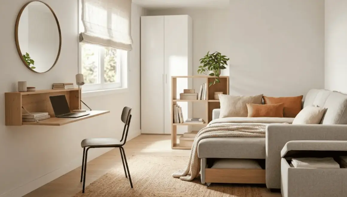 Un espacio acogedor para que crees tu habitación: escritorio plegable, sofá cama, armario y estantería.