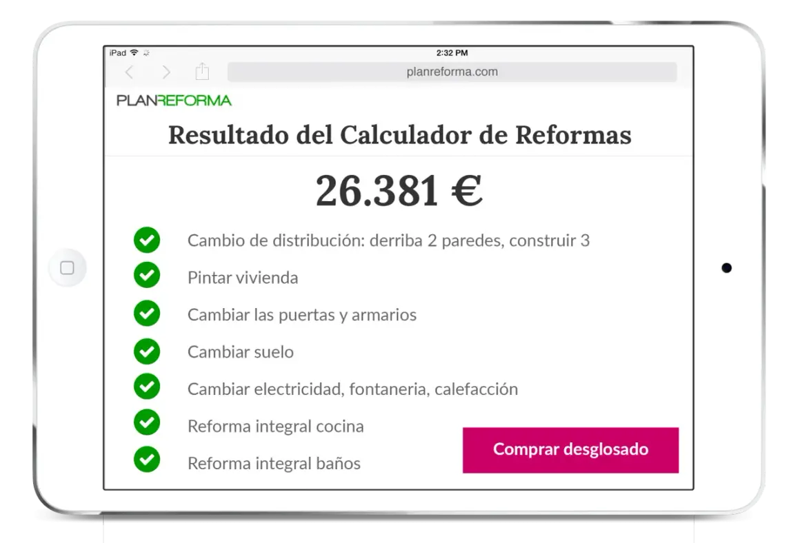Calculadora de reformas muestra un presupuesto de 26.381€ para obras como cambio de distribución, pintura, y reformas integrales.