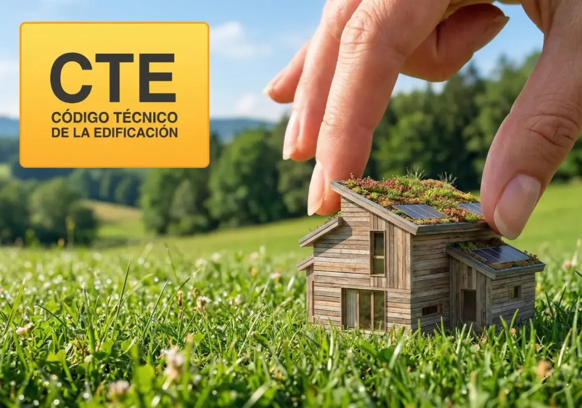 Una mano protege una casa ecológica con techo verde y paneles solares, bajo el logo "CTE Código Técnico de la Edificación".