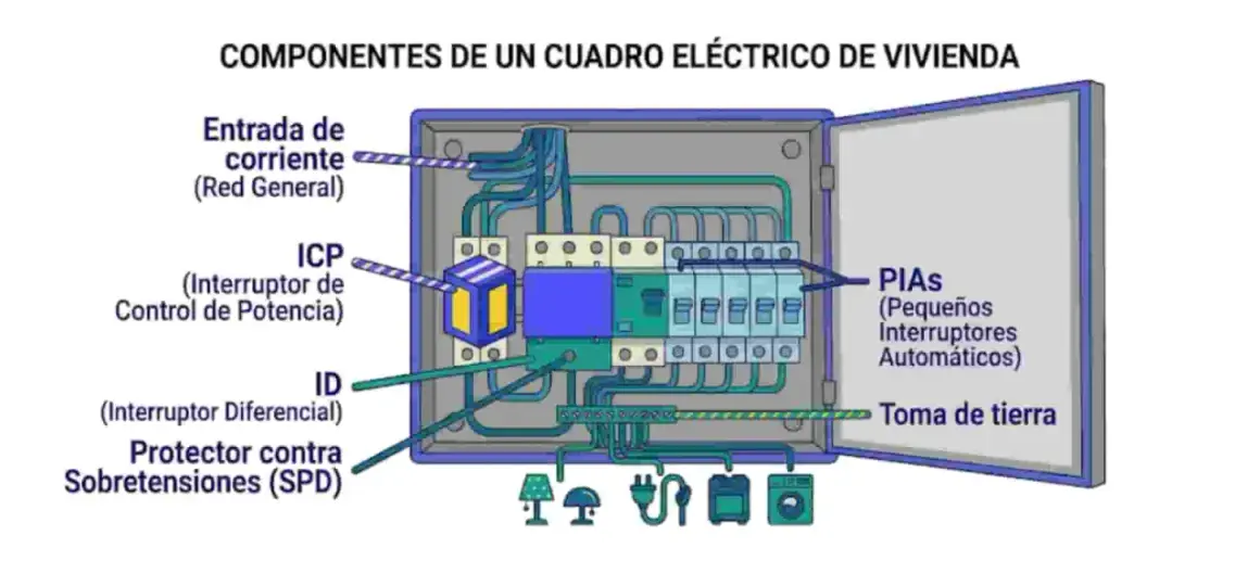 Diagrama de un cuadro eléctrico de vivienda, mostrando el circuito c5 electricidad con entrada de corriente, ICP, ID, protector contra sobretensiones, PIAS y toma de tierra.