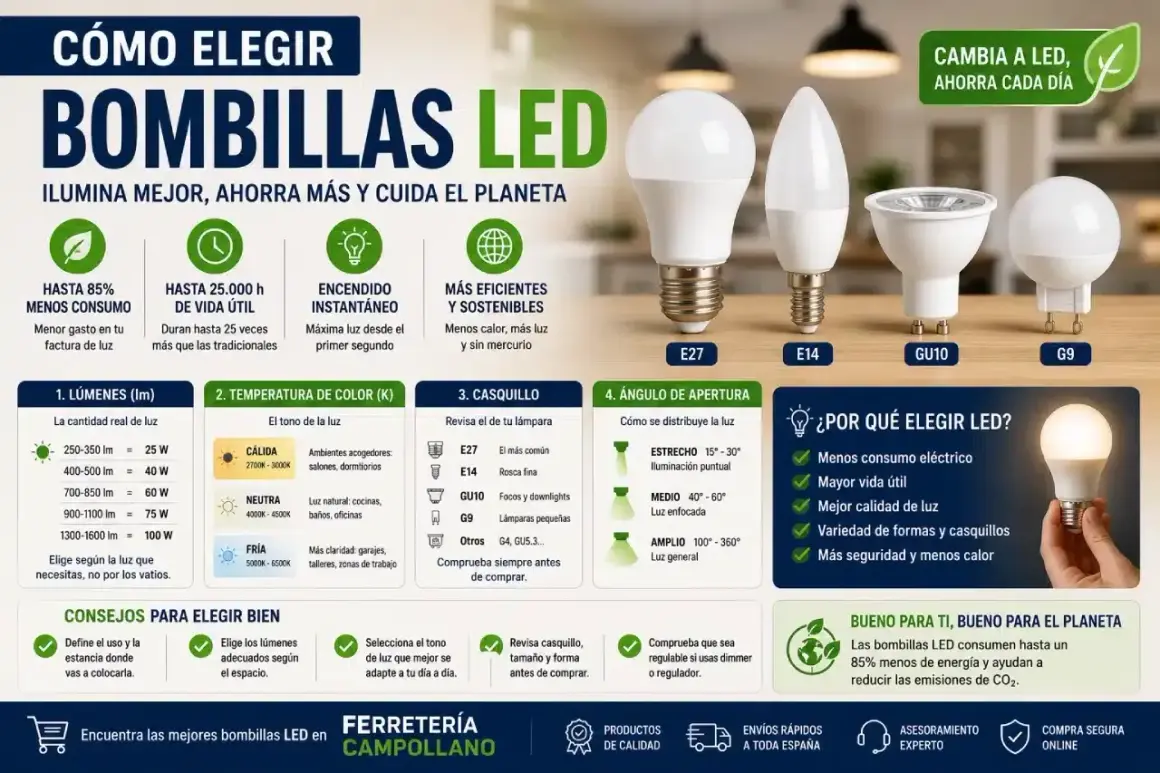 Guía para elegir bombillas LED: tipos, lúmenes, temperatura de color, casquillo y ángulo de apertura. ¡Ahorra energía y cuida el planeta!