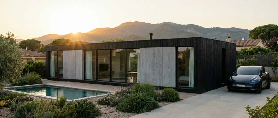 Casa moderna con piscina y coche eléctrico, estructura de **steel frame** visible en su diseño minimalista.