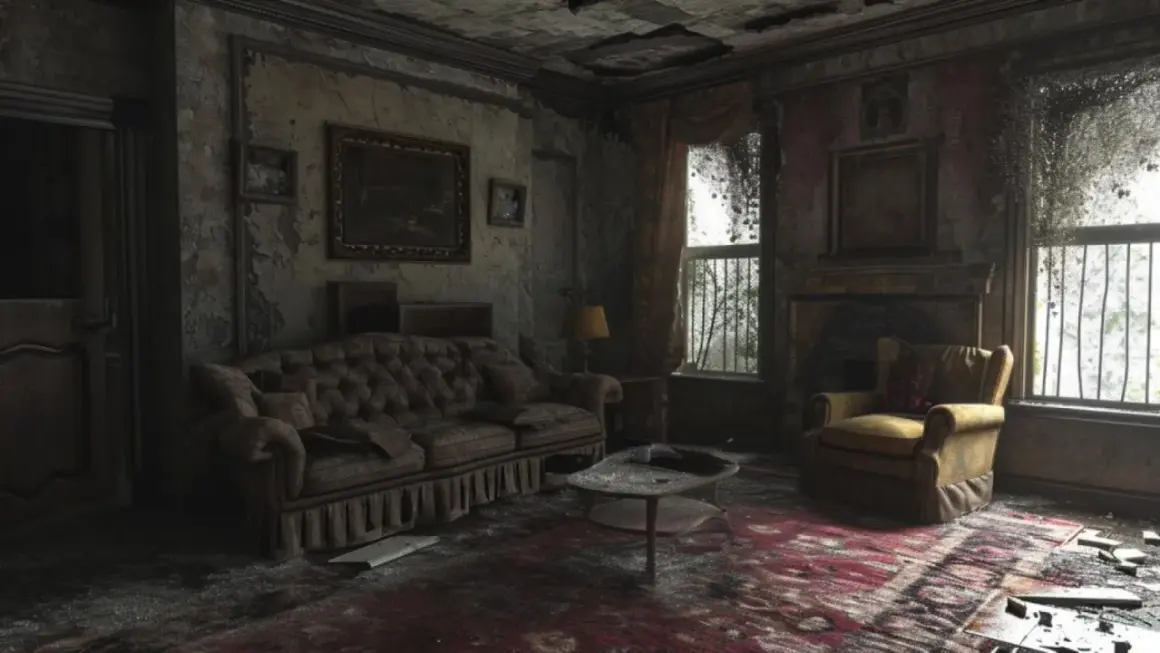 Salón abandonado con sofá y sillón desgastados, paredes desconchadas y techo roto. Un ejemplo de casas enfermas energéticamente.