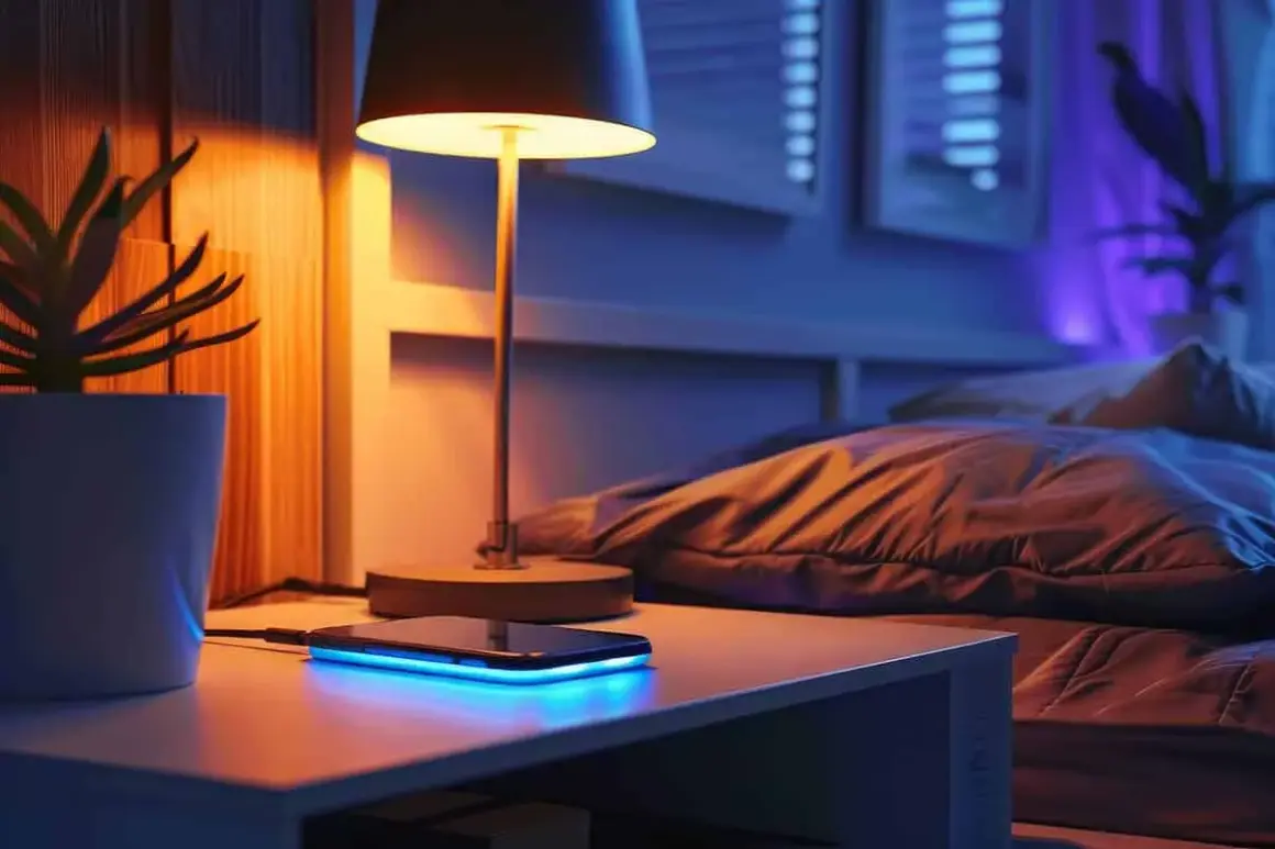 Mesita de noche con lámpara, planta y móvil cargando con luz azul. La instalación eléctrica del dormitorio crea un ambiente acogedor.