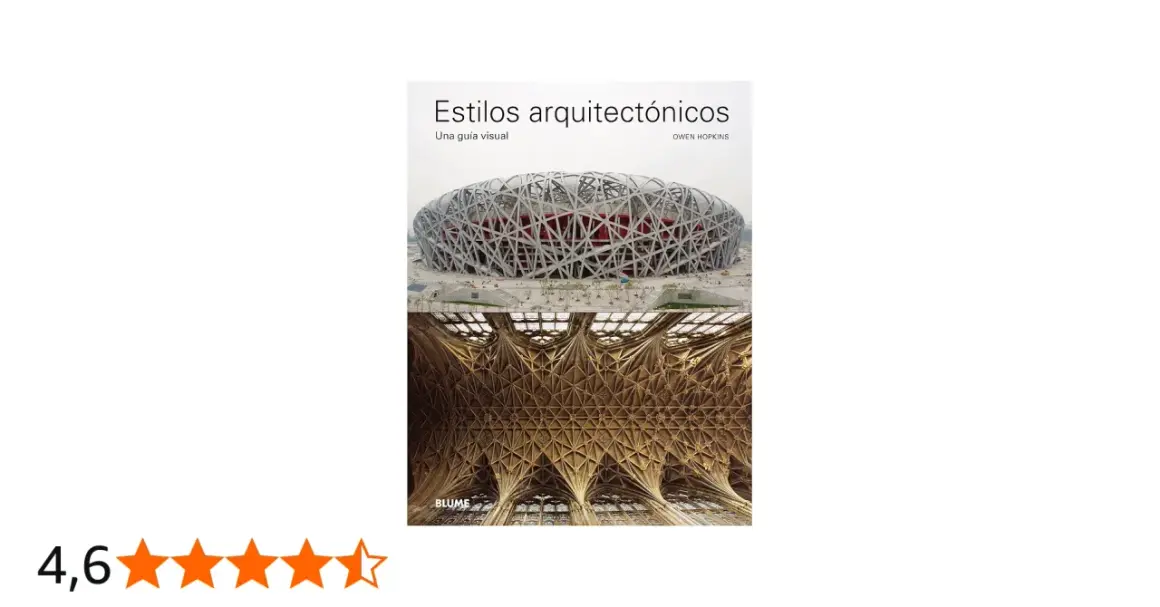 Portada del libro "Estilos arquitectónicos": un estadio moderno y un techo gótico intrincado, mostrando la evolución de los estilos arquitectónicos.