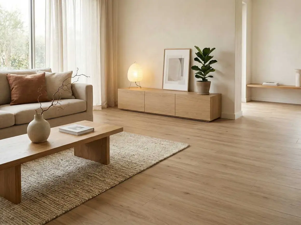 Salón con decoración Japandi: sofá beige, mesa de centro de madera, alfombra de yute, mueble bajo de roble y planta.
