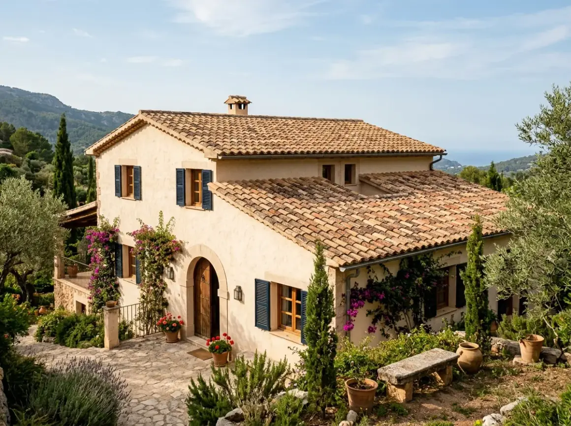 Casa mediterránea con tejado de tejas de barro, rodeada de vegetación y con vistas al mar. Los diferentes tipos de tejas aportan carácter.