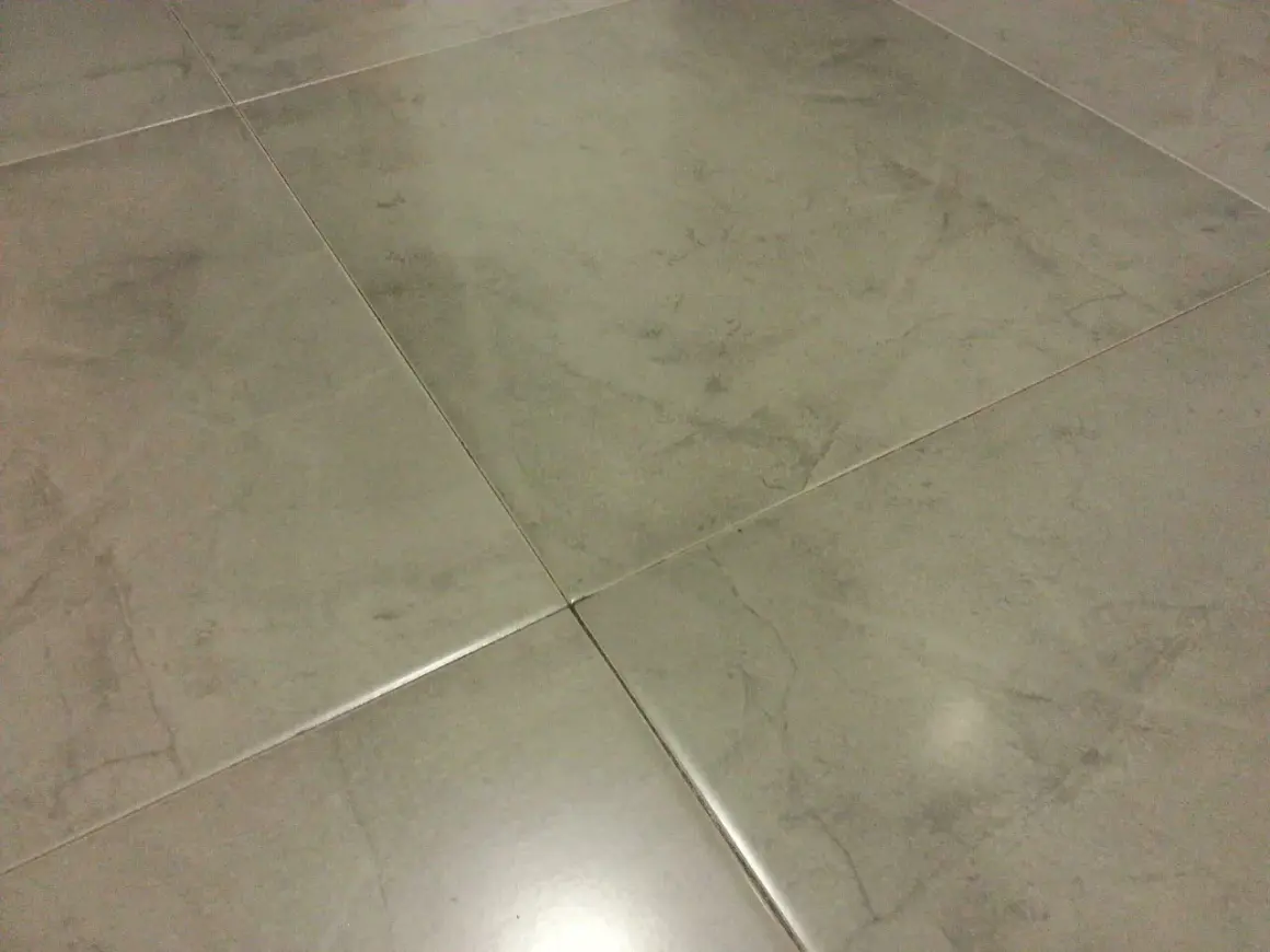 Detalle de azulejos rectificados con juntas finas, mostrando posibles problemas de suciedad o desgaste en las uniones.