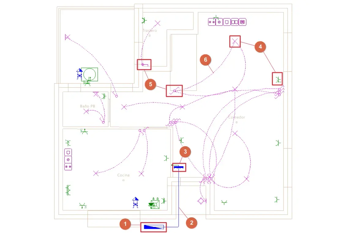 Diagrama de instalación eléctrica de una vivienda, mostrando la **derivación individual** y puntos de luz.
